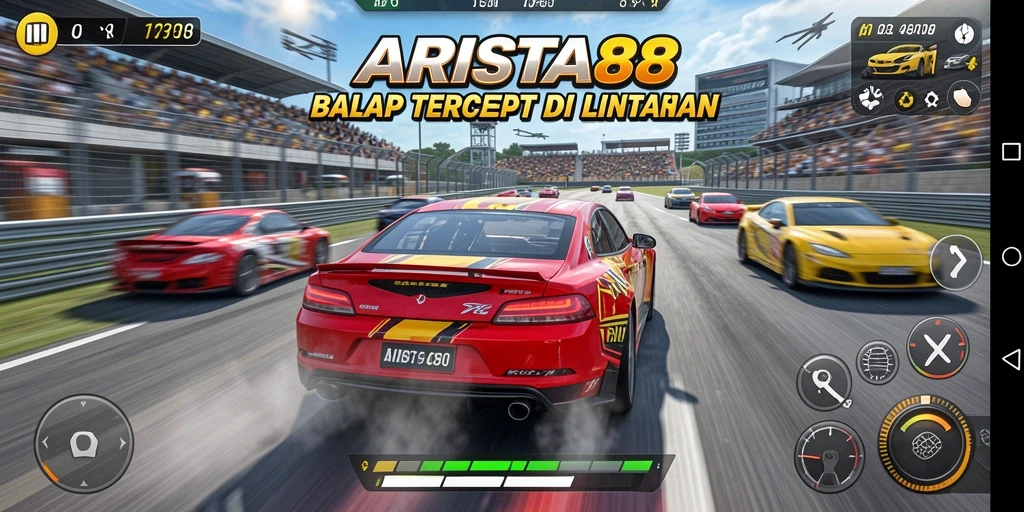 Tangkapan layar ARISTA88 menampilkan aksi balap mendebarkan di lintasan.