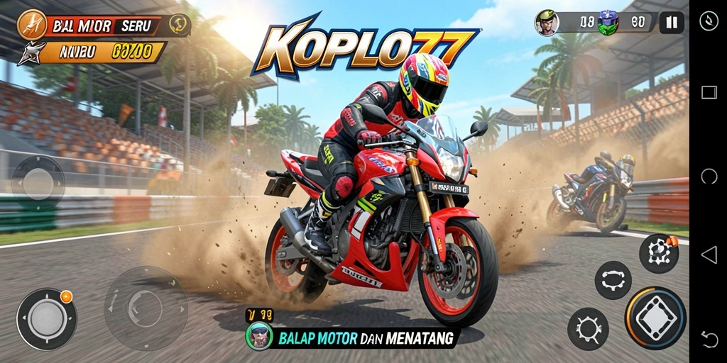 Tampilan gameplay menegangkan dari KOPLO77 saat balapan motor.