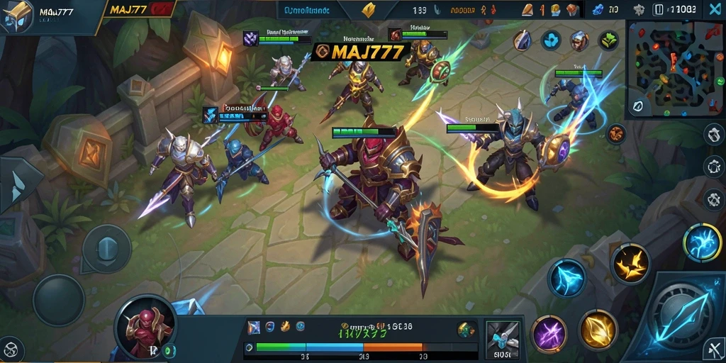 Tangkapan layar gameplay seru dari MAJ777 yang menunjukkan pertempuran MOBA.