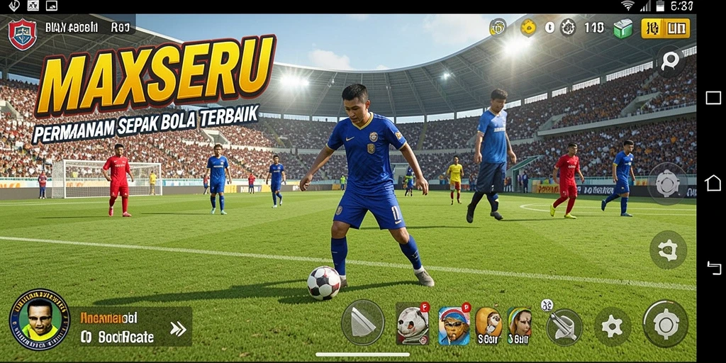 Screenshot gameplay <strong>MAXSERU</strong> menunjukkan aksi seru pertandingan sepak bola.