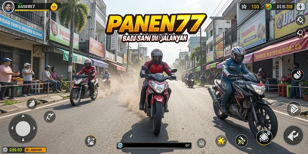 Screenshot gameplay <strong>PANEN77</strong> menunjukkan aksi balapan motor yang mendebarkan.